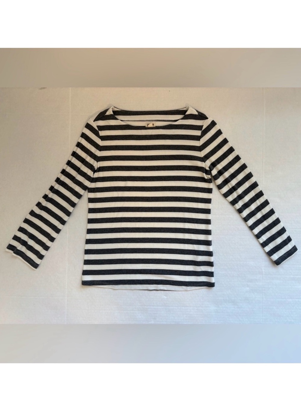 L’AGENCE White Gray Striped Rib Knit Boatneck 3/4 Sleeve Top Sz S Nautical